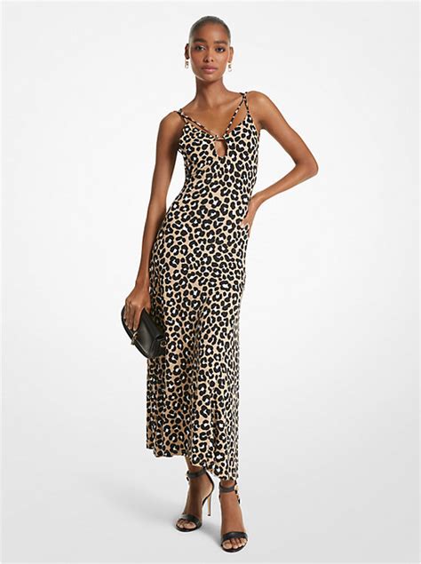 Leopard Print Matte Jersey Cutout Slip Dress 